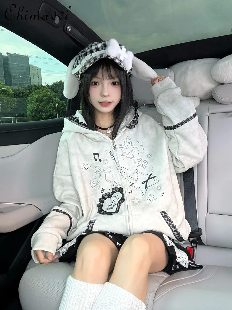Original Retro Lace Trim Rabbit Ear Hooded Jacket 2025 Autumn Clothes New Sweet Girl Kawaii Loose Womens Sweatshirt Coat