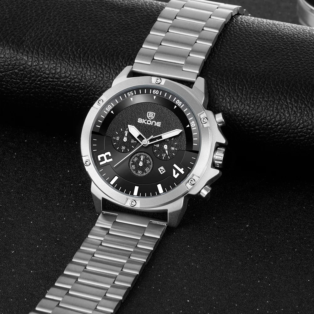 SKONE New popular men's business multifunctional three eye steel strip retro fashion large dial calendar quartz watch