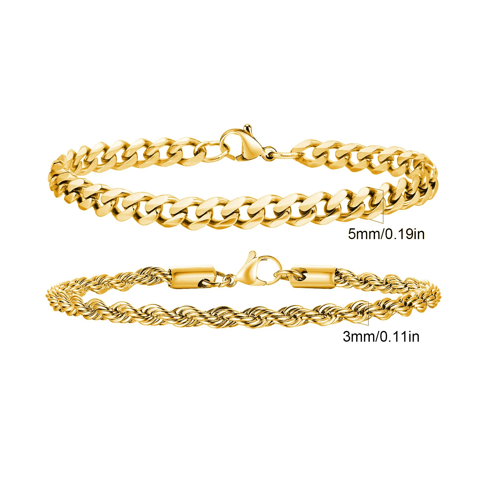 2 stuks heren kettingarmbanden, roestvrij staal zilver goud zwart kleur twist touw ketting polsbandje, trendy Cubaanse schakelkettingen cadeau