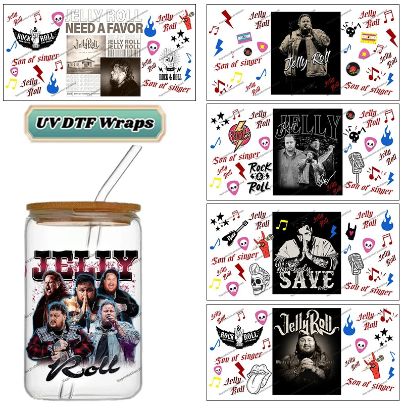 Country Rock Music UV DTF Wraps, Dark Rock & Roll Singer Jelly Roll Art Stickers for 16oz Glass Cans, Waterproof DIY Decals