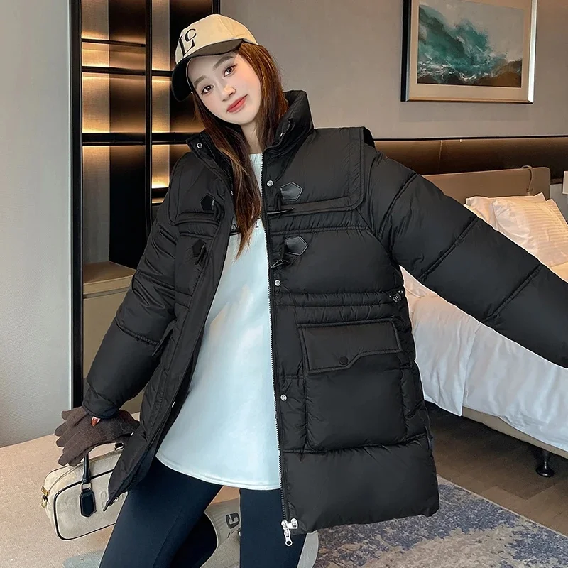 

Fashion Horn Button Down Cotton Jacket for Women Winter Jacket Parkas Korean Loose Thicken Waist-cinching Cold Protection Coat