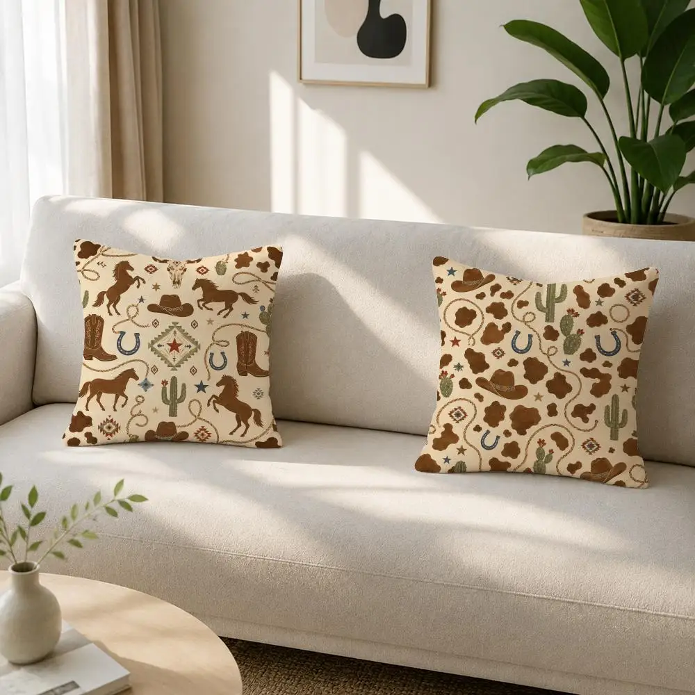 Western Cowboy Style Pattern Cushion Cover Soft Plush Cushion Covers Fluffy Throw Pillow Cases for Sofa Bedroom Home Decor