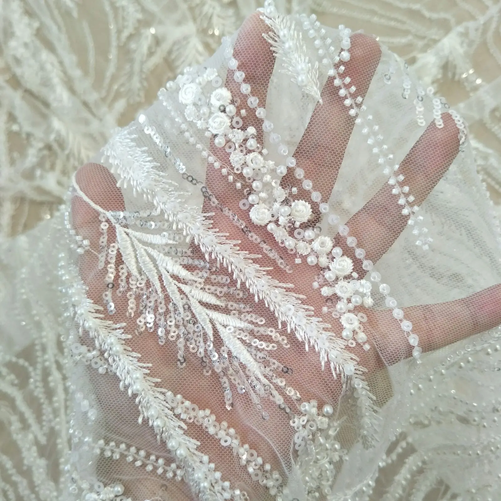 new arrival wedding gown dress lace fabric with beads and sequins lace pearls ivory lace sell by yard