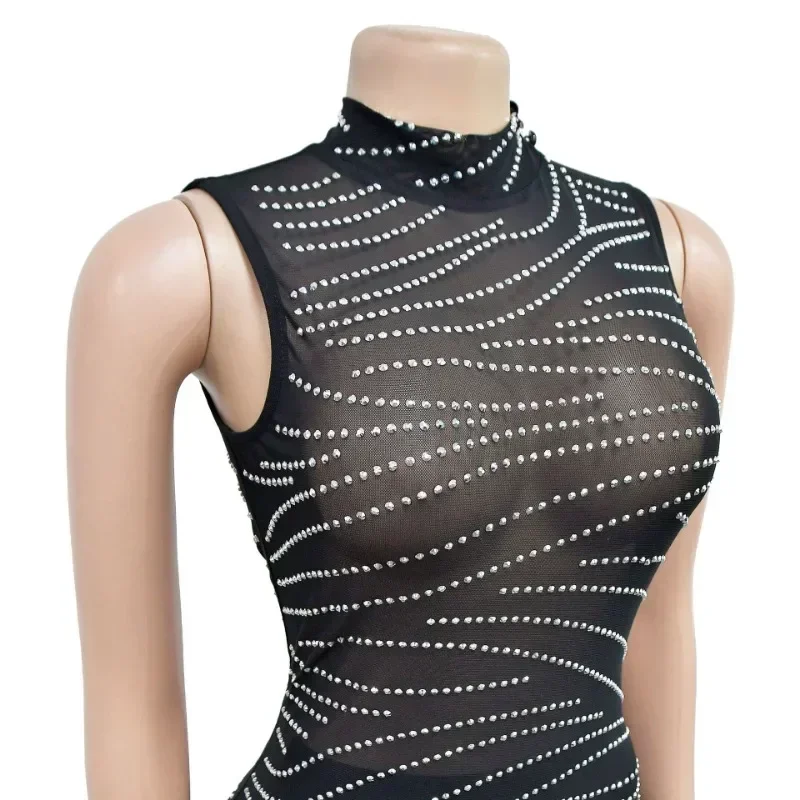 GUWU Mesh See Though Diamonds Hot Rhinestones High Side Split Bodycon Midi Maxi Dress Vestidos Women Sexy Party Dresses