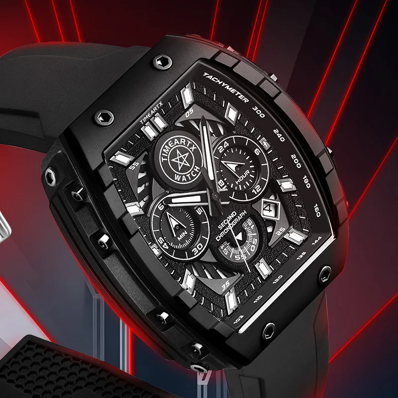 TIMEARTX Men's Quartz Watch Tonneau Dial Classic Fashion Design Waterproof Luminous Date Display Wristwatch
