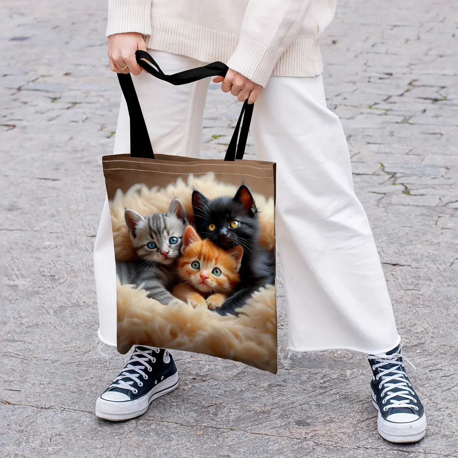 Women Vintage Cat Print Tote Bag Cute Kitten Design Fluffy Fur Pattern Durable Polyester Foldable Shopping Bag