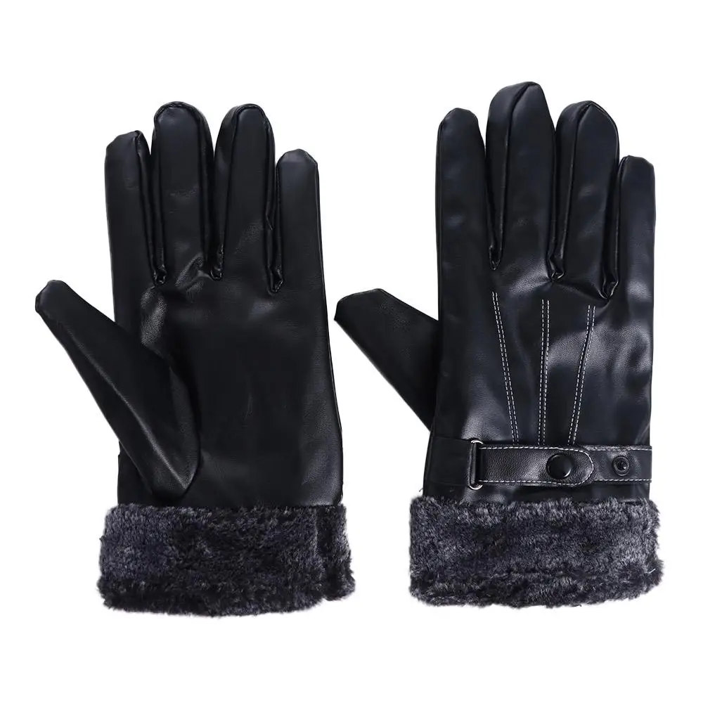 Keep Warm Men's PU Leather Gloves Thick Velvet Waterproof Male Windproof Gloves Soft Touch Screen Motorcycle Full Finger Mittens