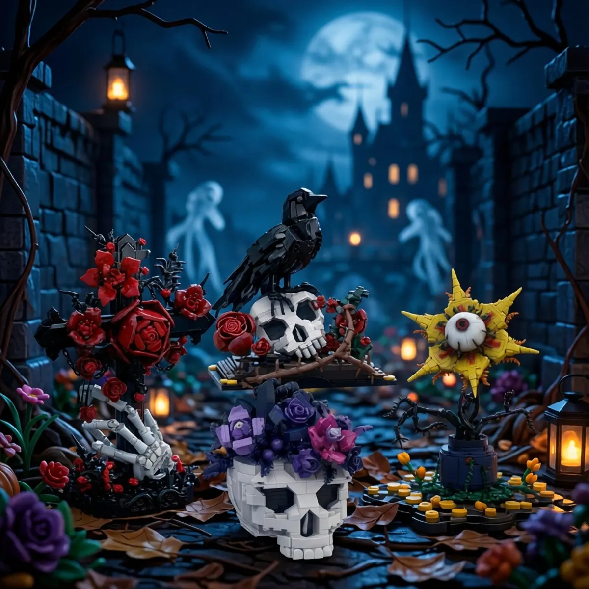 Halloween MOC Bausteine Kreatives Selbstbau-Set Krähenkopf-Skelett-Rosenblumen-Spielzeugmodell Geschenk Dekoration Ornament – Detail 1