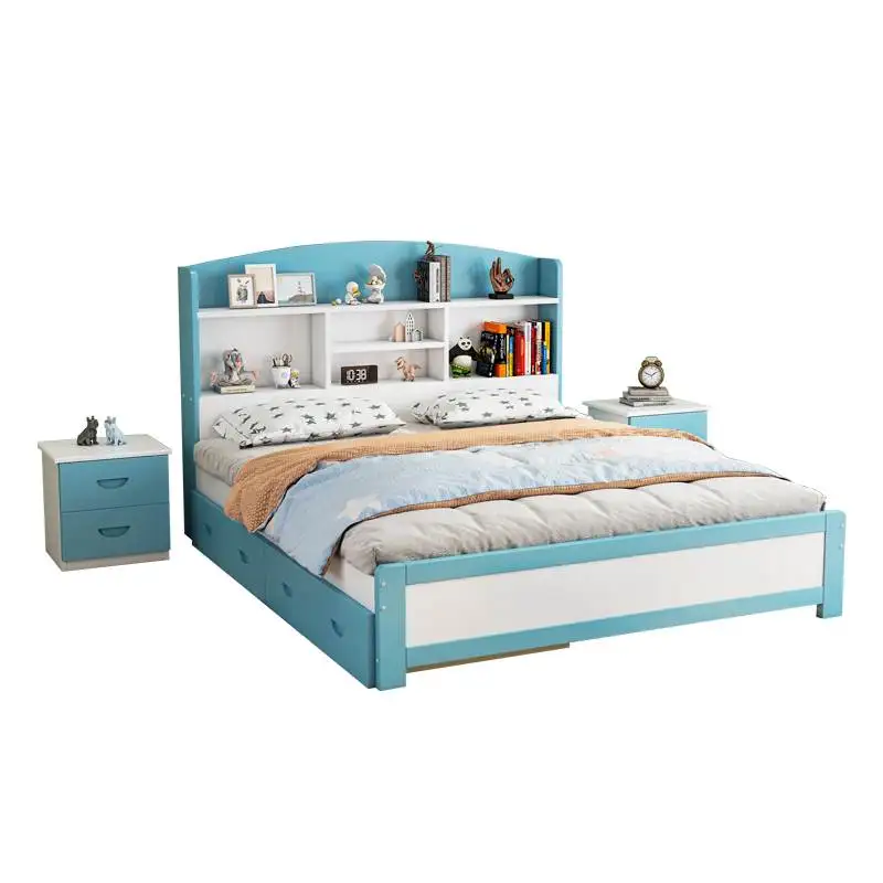 

Solid wood bed modern minimalist boy's 1.5m single and double bedroom with bookshelf for home use
