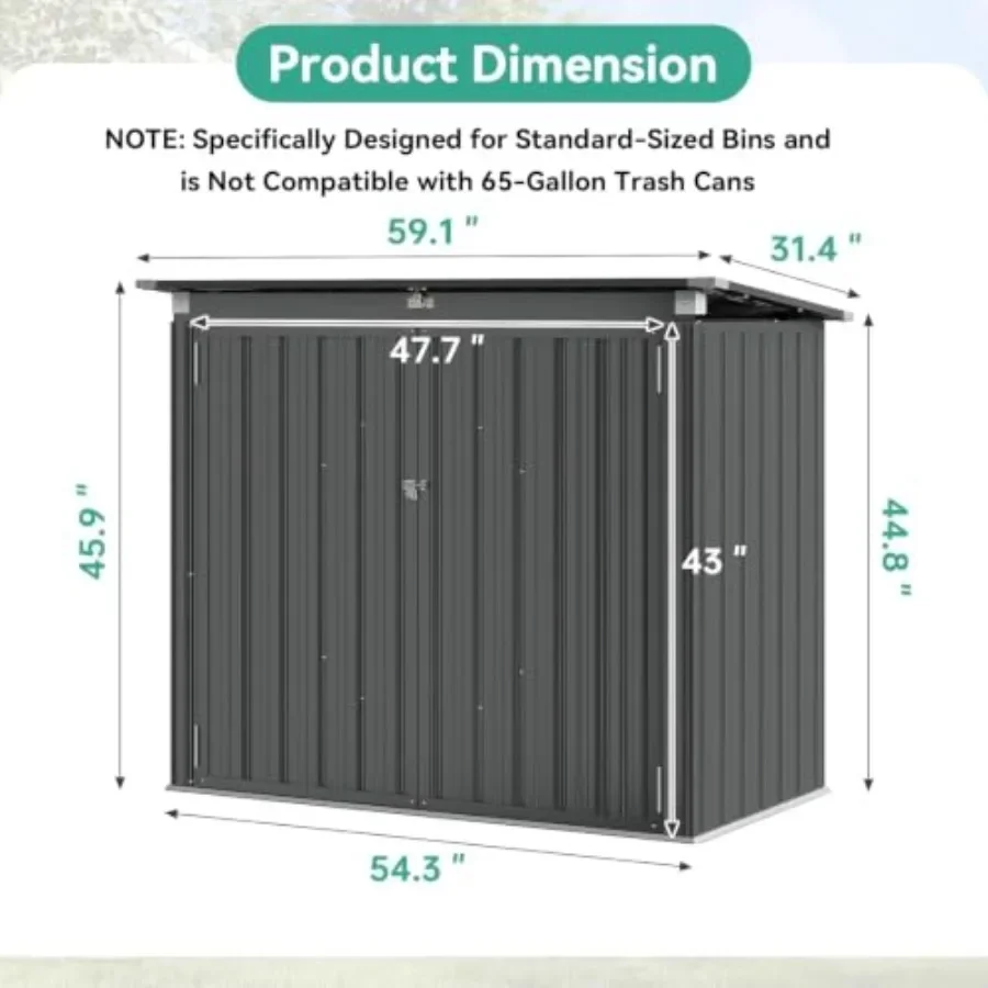 Outdoor trash can storage shed for 60 cu.ft, durable resin material, gray color, weather-resistant and lockable design