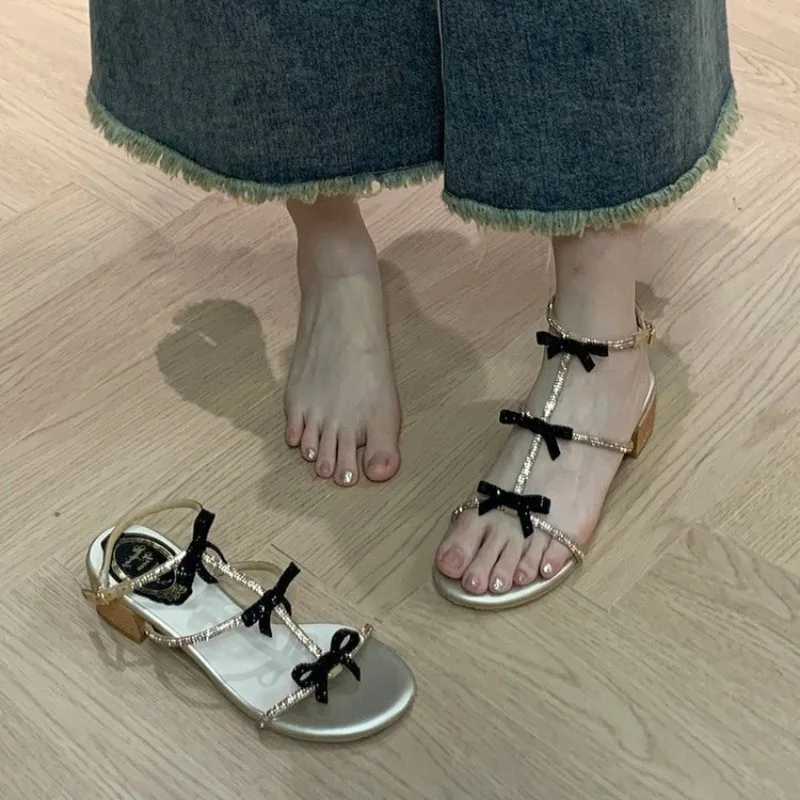 Golden Rhinestone Roman Sandals Women Summer Shoes New Bow Thick Middle Heel Female Fashion Sandales Open Toe Ankle Buckle Shoes