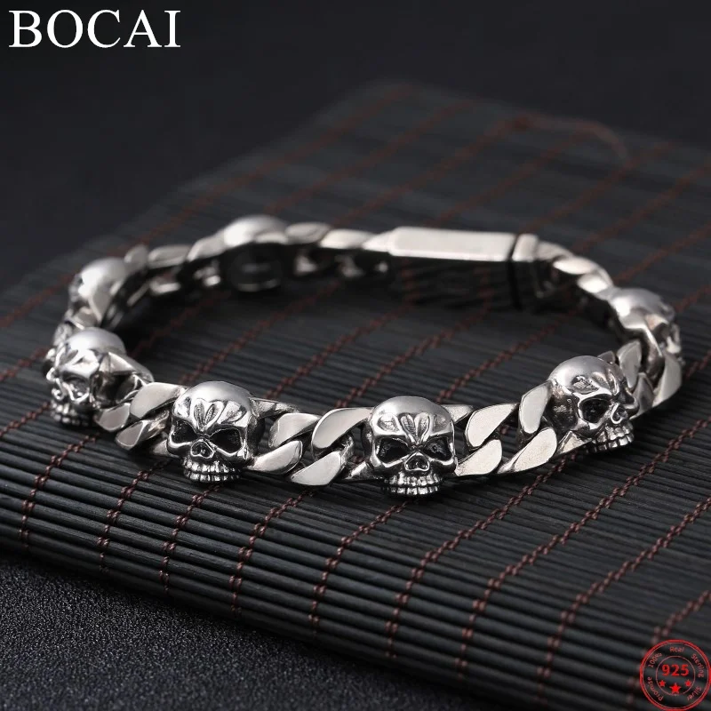 

BOCAI S925 Sterling Silver Bracelets for Men New Fashion Skull-ornaments Flat Cuban Link Chain Punk Jewelry Free Shipping