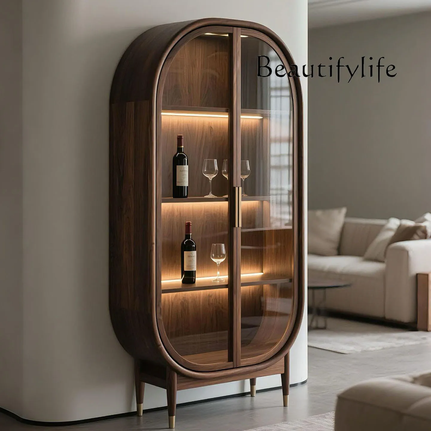 

North American black walnut glass wine cabinet Italian minimalist solid wood double door display storage decorative cabinet