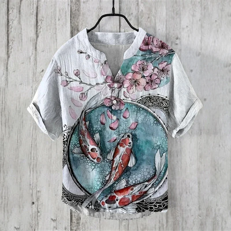 Men's casual V-neck shirt with short sleeves and Henry shirt art illustration printed top