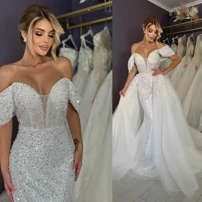 Suknia ślubna księżniczki syreny, cekiny, koronka, suknie ślubne, duży rozmiar, odkryte ramiona, odpinany tren, Vestidos De Novia, szyte na miarę