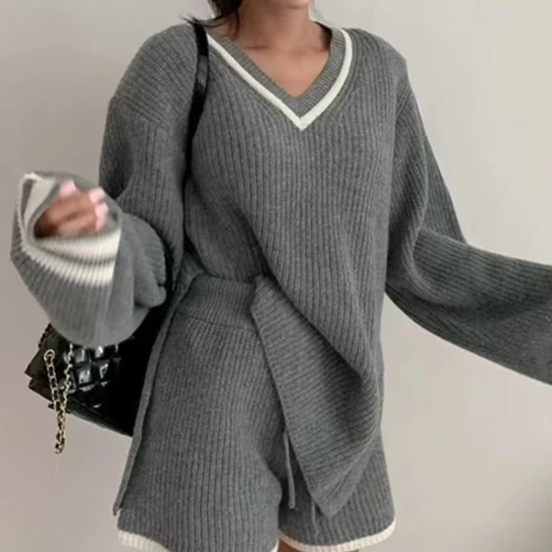 New V‑Neck Contrast Trim Loose Knit Sweater Set Women Loungewear Long Sleeve Sweater Drawstring Shorts Two‑Piece Outfit