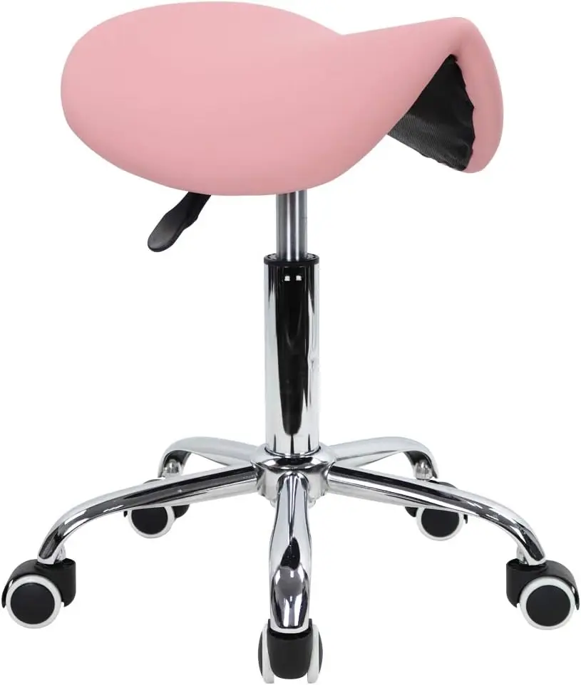 Adjustable Rolling Saddle Stool with Wheels, PU Leather Swivel Salon Chair in Pink - Supports 300 lbs