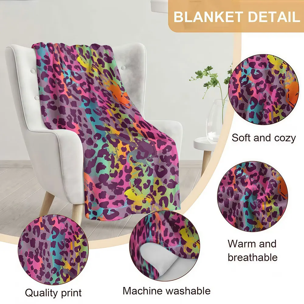 Colorful Neon Leopard Soft Warm Flannel Blanket Lightweight Cozy Christmas Halloween Home Decor Room