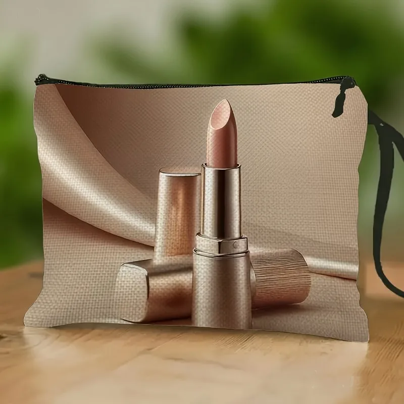 A Luxurious Champagne Golden Nude Lipstick Patterned Makeup Bag, a Portable High-End Toiletry Storage Pouch with a Wrist Strap i