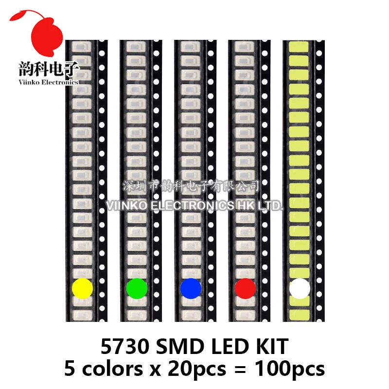 100 шт., 5 цветов, каждая 20 шт., 5730, 5050, 3528, 1210, 1206, 0805, 0603, 0402, SMD светодиодный, набор диодов красного, зеленого, синего, белого,