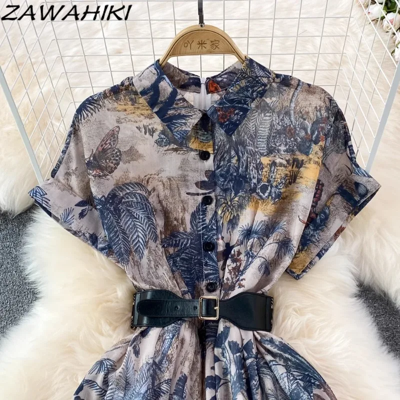 Women's Dress Temperament Ink Painting Print Femme Robe Bandage Pleated Office Lady Vestidos Casual Button Designer Ropa Mujer