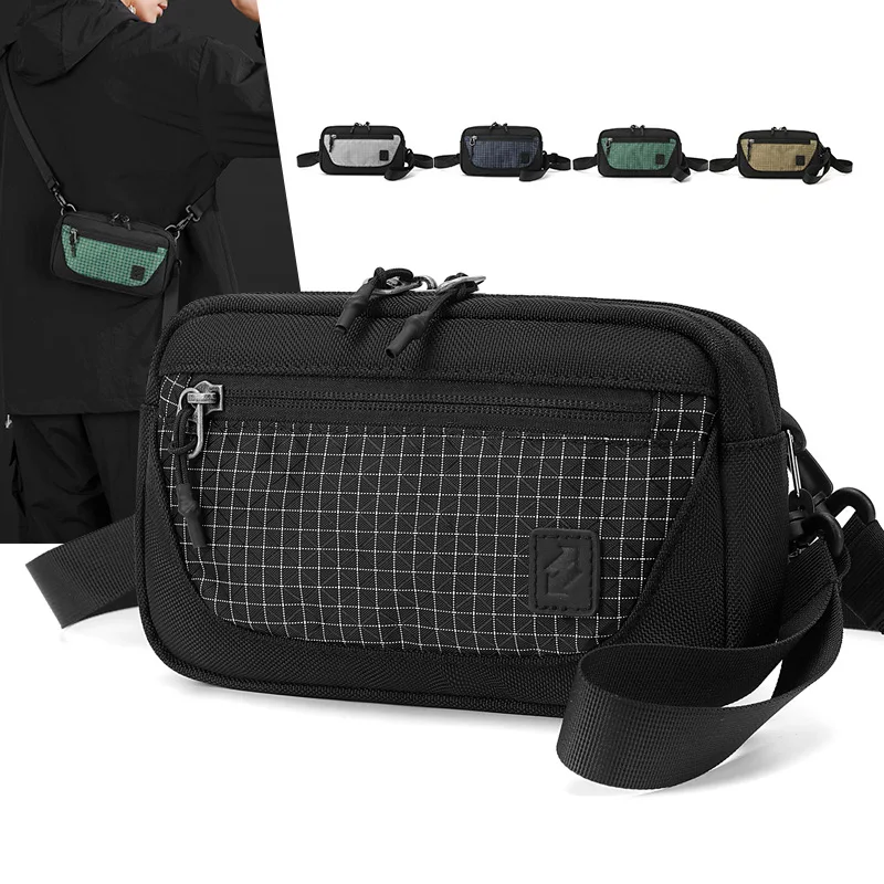 Tactical Crossbody Bag with Grid Pattern Multi Zipper Pockets Casual Shoulder Bag Men Outdoor Sport Sling Pack Utility Waist Bag