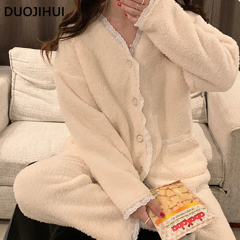 DUOJIHUI-pijama solto de duas peças para mulheres, pijama de renda casual, bolso simples, rosa claro, moda feminina, casa, inverno, 2 cores