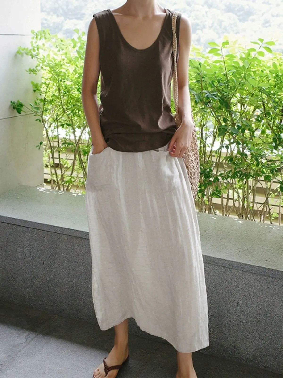 カジュアルコットンリネンブレンドレディース春夏ルーズフィットプラスサイズサイドスリットクロップドパンツツーピースボトムススカート