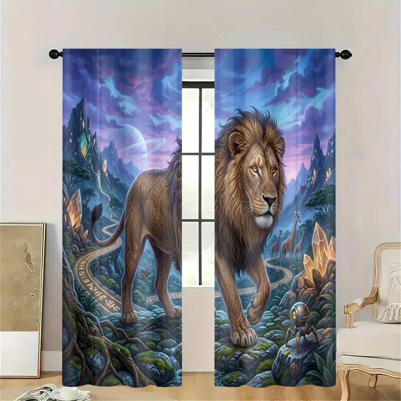 Mystical Lion Safari Jungle Curtain Panels Watercolor Art Window Decor Drapery Fantasy Wild Nature Mural for Living Room Home St