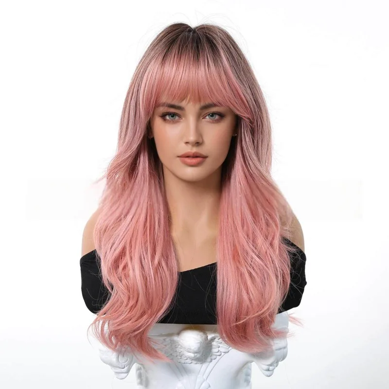 Bazi bangs gradual change golden brown long curly wig