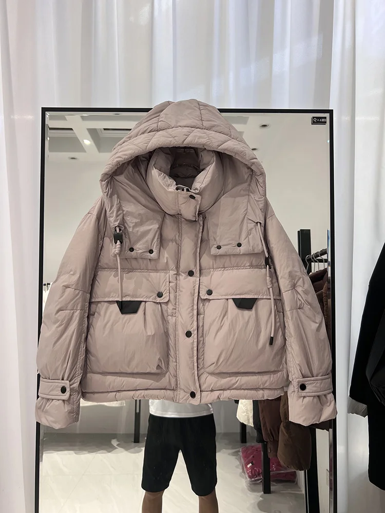 2025 new women's Korean version fashion hooded large pocket multi button versatile short style white duck down jacket