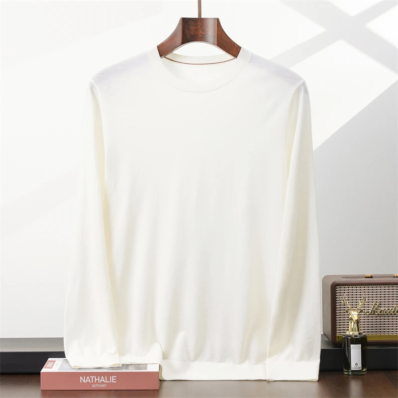 2026 men's pure wool spun round neck long sleeved autumn new item solid color casual business thin knitted pullover sweater