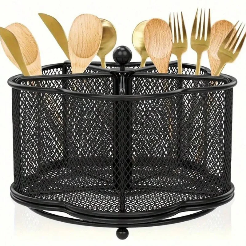 

360° Rotating Metal Utensil Holder, 5 Compartments Cutlery Organizer For Kitchen Dining Tables - 1 Piece