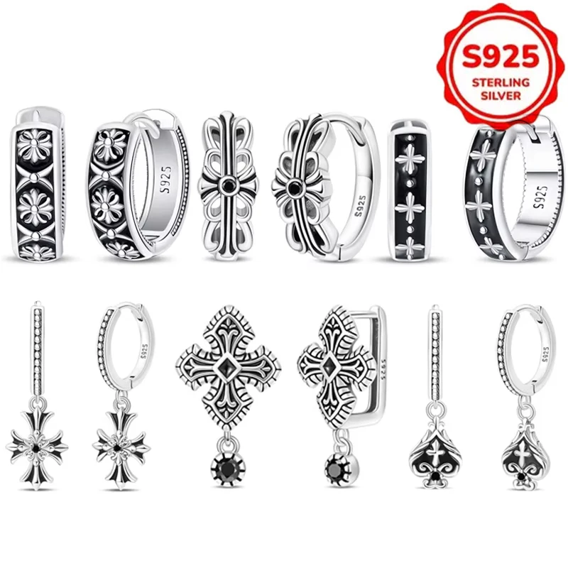 S925 Sterling Silver Earrings for Men Women Vintage Cross Floral Pattern Retro Black Enamel Huggie Earring Drop Ear Jewelry Gift