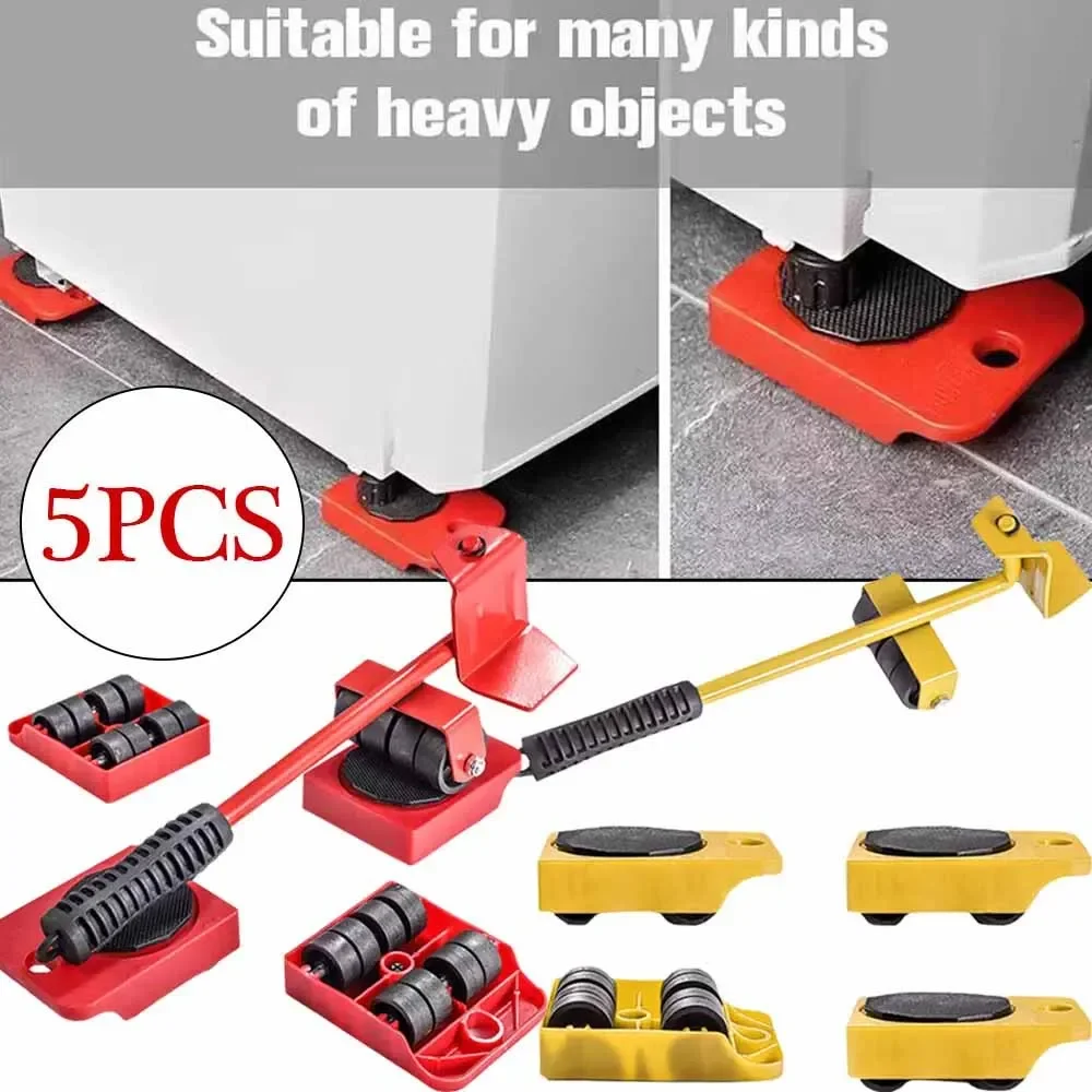 5Pcs/set Furniture Mover Tool Set Heavy Stuffs Moving Roller with Bar Furniture Mover Lifter with Wheel Moving Tool Red/Yellow