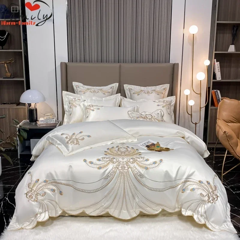 

Luxury Gold Feather Embroidery Egyptian Cotton Champagne/Light Yellow Patchwork Duvet Cover Bed Sheet Pillowcases Bedding Set