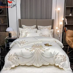 Luxury Gold Feather Embroidery Egyptian Cotton Champagne/Light Yellow Patchwork Duvet Cover Bed Sheet Pillowcases Bedding Set