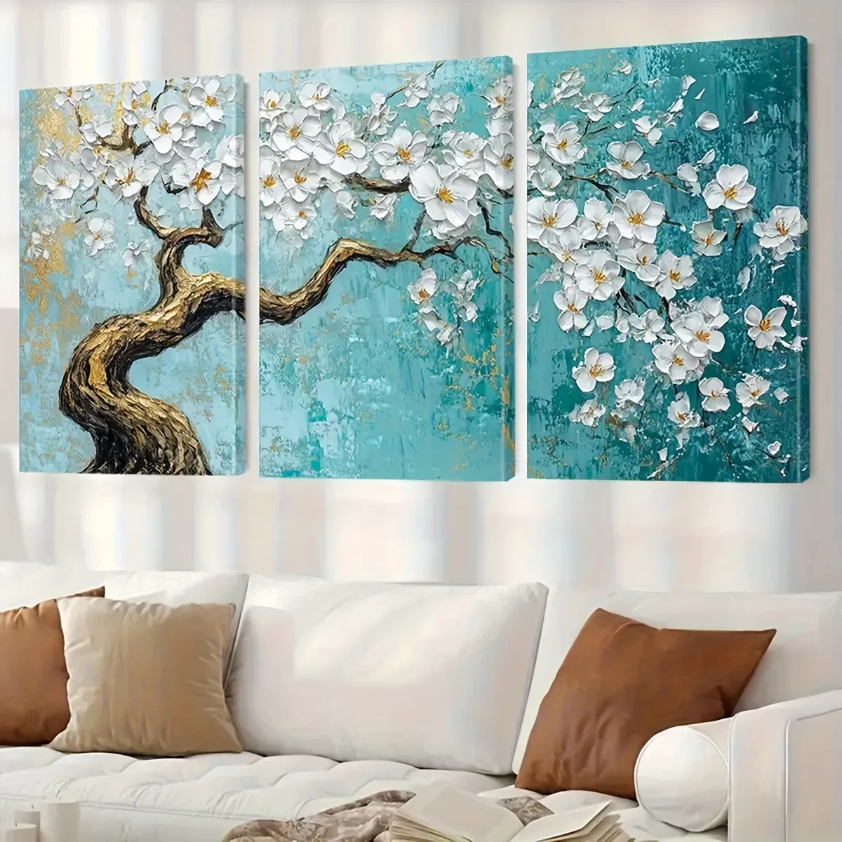3 tableaux sur toile à motif de fleurs de cerisier, impressions d'encre de paysage moderne classique, décoration artistique, affiche florale sur fond bronze