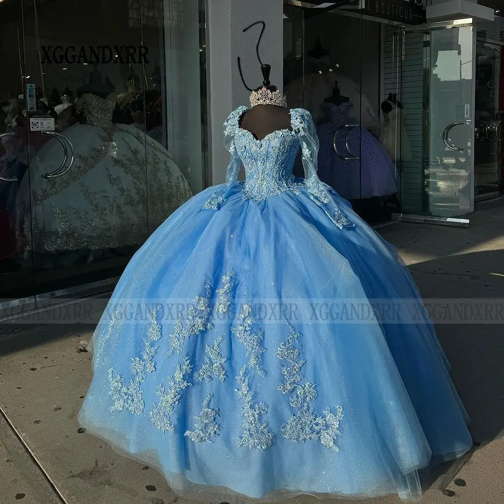 Robes de Quinceanera bleues élégantes 2025 manches longues douce 15 16 robe de fête d'anniversaire chérie dos nu robe mexicaine arc formel