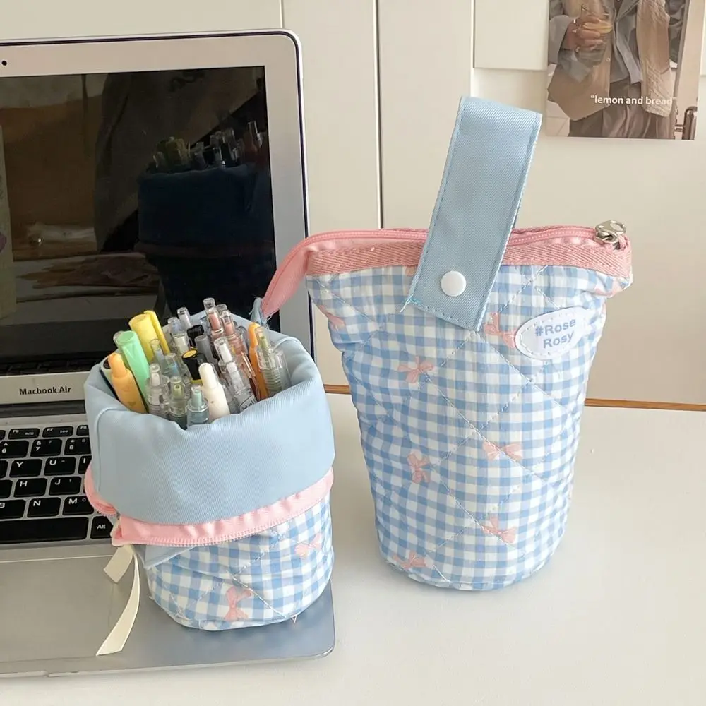 Folding Bow Pencil Case Portable Zipper Stationery Storage Pouch Large Capacity Multi-Functional Plaid Pencil Bag Student