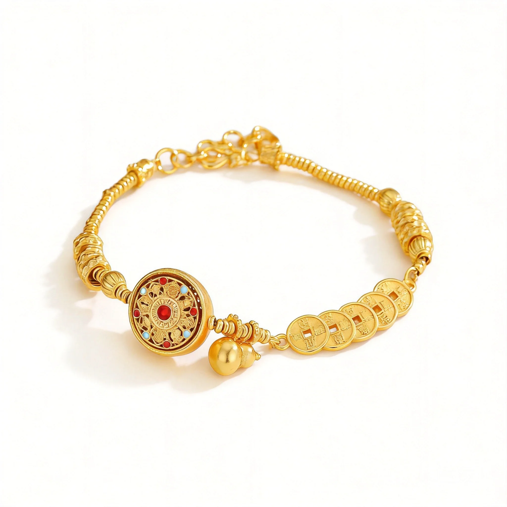 

24k Real Gold Plated Chinese Style Eight Treasures Compass Enamel Bracelet Lucky Gourd Five Emperor Coins Wealth Blessing Adjust
