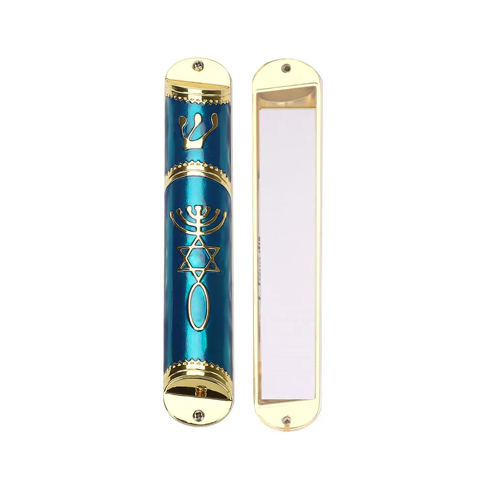 BRTAGG Mezuzah with Double Sided Tape, Blue & Gold, Easy Peel and Stick Mezuzah Case with Scroll