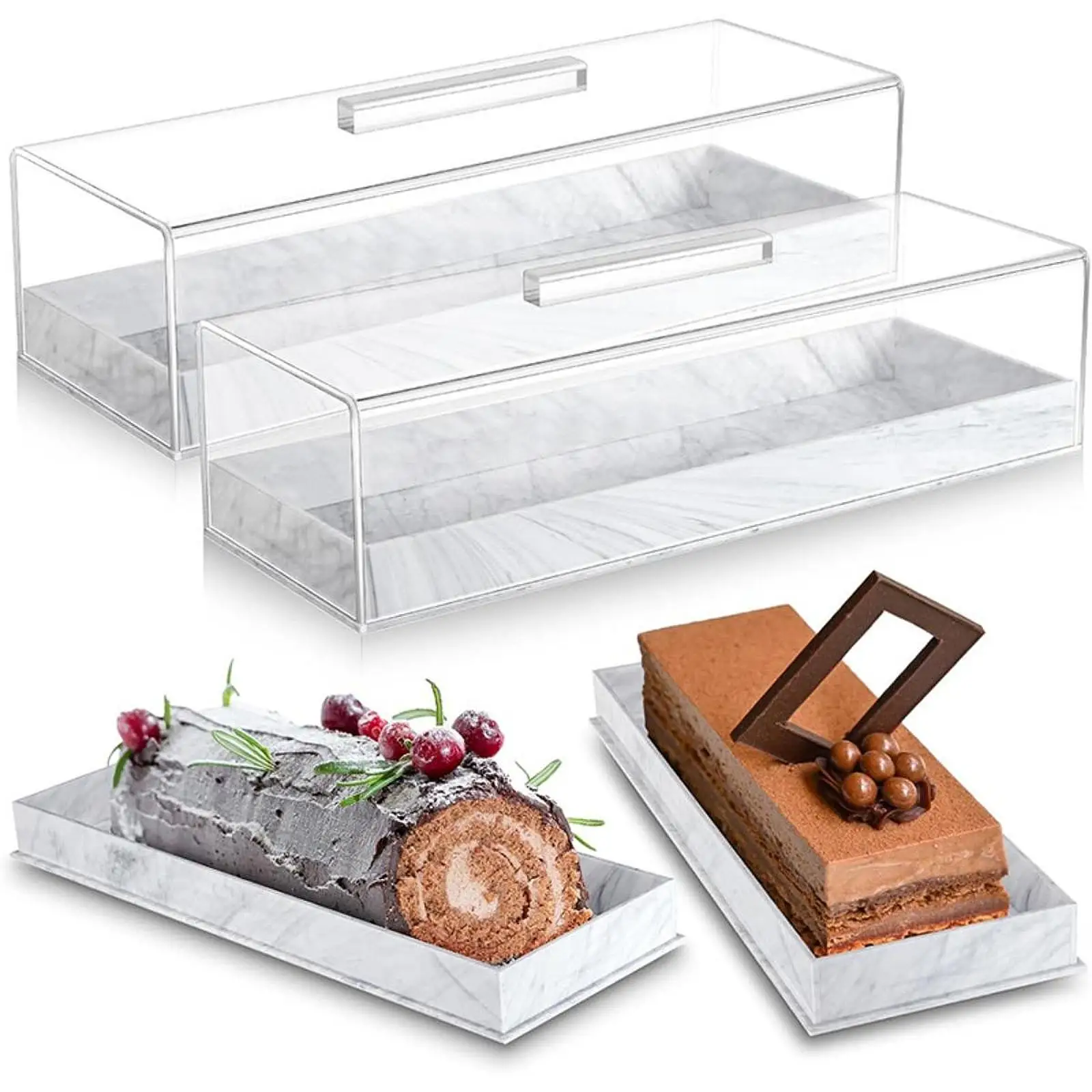 Bakery Display Case with Clear Lid Acrylic Rectangular Dessert Cake Tray Cake Holder for Banquet Birthday Party Weddings Cupcake