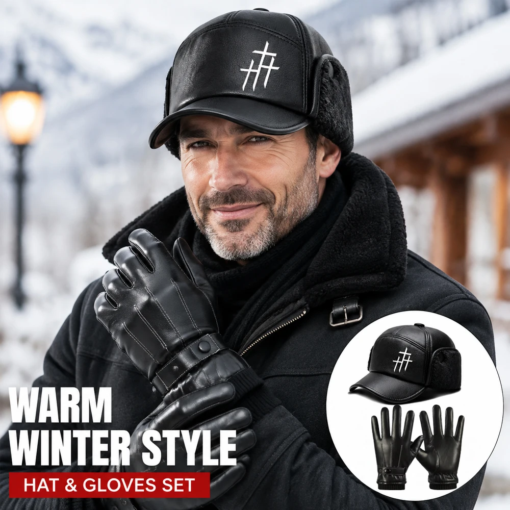 Trapper Hat Ear Flap - 冬用イヤーフラップハットとレザーグローブセット、フェイクレザーのトラッパーキャップ（暖かい裏地付き）、防風グローブ（寒い季節の屋外用）