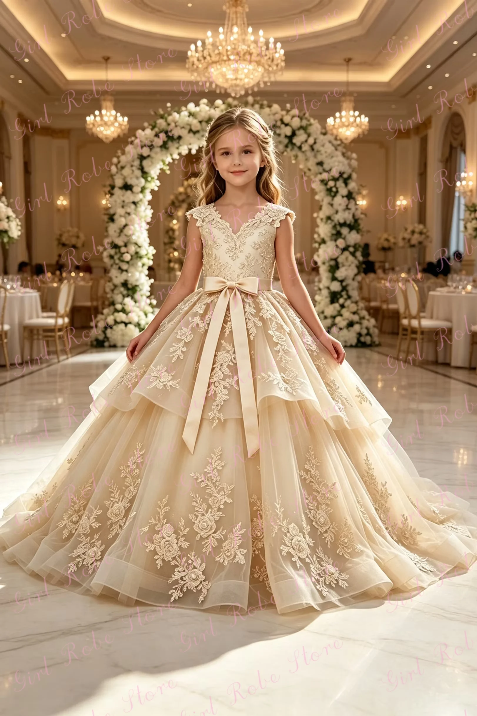 Champagne Luxurious Flower Girl Dress For Wedding Appliques V-Neck Layered Tulle Princess Evening Party Birthday Gown Customized