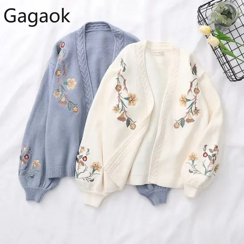 Gagaok Women Knitted Fashion Cardigan Spring Autumn V-Neck Lantern Sleeve Embroidery Floral Thick Loose Harajuku Female Sweater