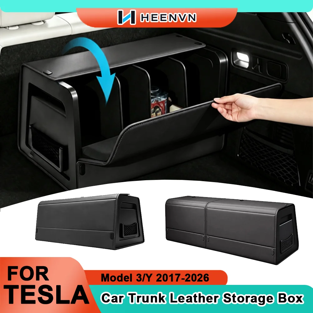 Heenvn Car Trunk Leather Storage Box For Tesla Model 3/Y 2017-2026 Adjustable Partition Magnetic Lid Auto Cargo Organizer Black