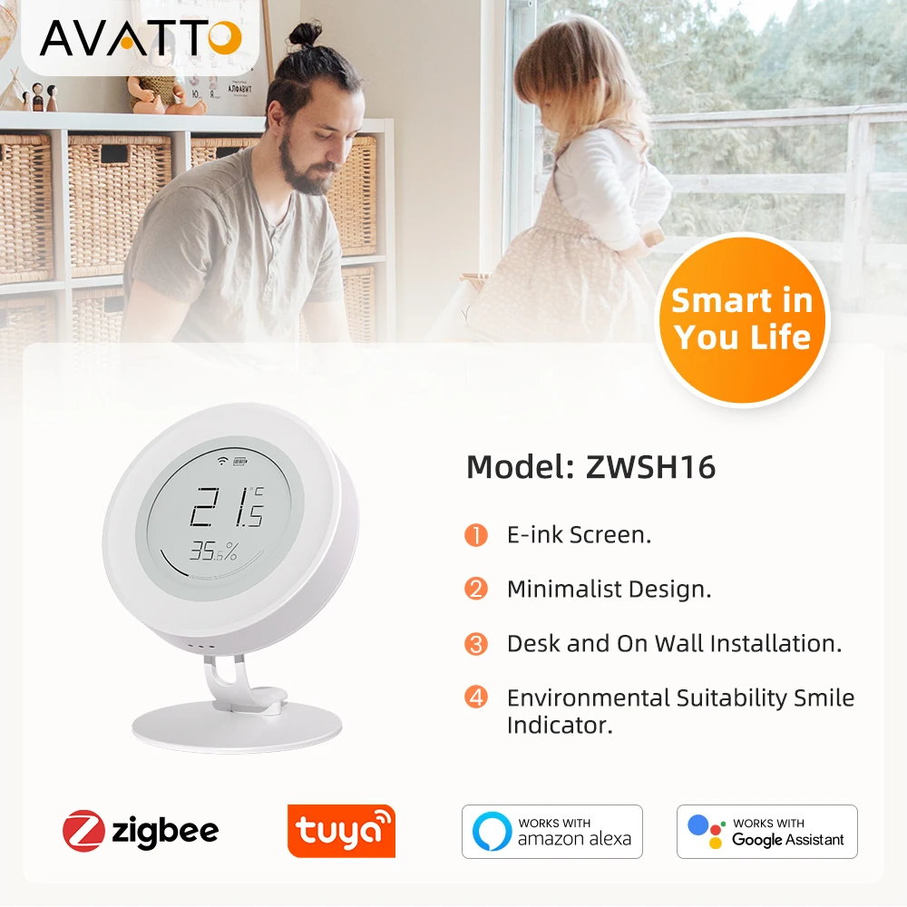 AVATTO Tuya Zigbee Humidity And Temperature Sensor Indoor Smile Shape Sensor Smart Home Security Works With Alexa Google Home