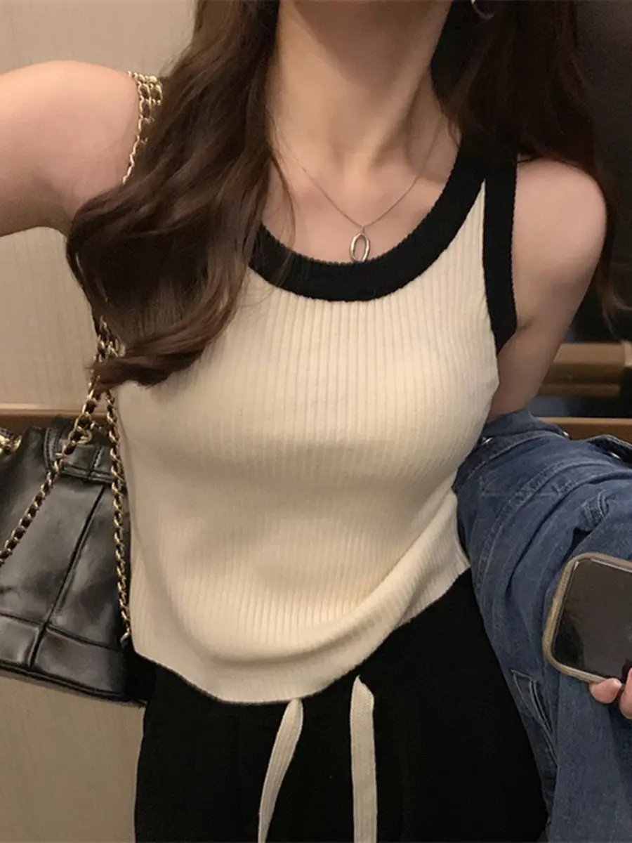 Women's Knitted Sleeveless Vest Top Strap Design Summer Outerwear Slimming Base Layer Shirt Casual Versatile Short Style