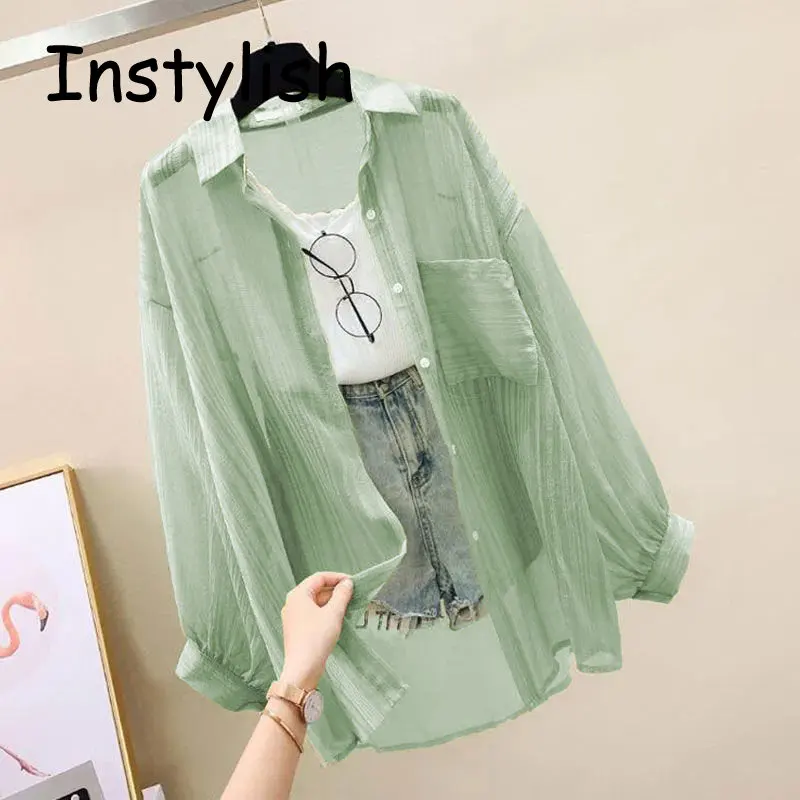 Women Elegant Long Sleeve Perspective Sheer Sunscreen Chiffon Blouse Korean Fashion Loose Shirt Women Summer Beach Cardigans